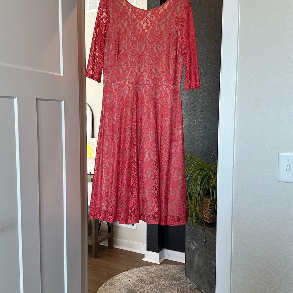 Coral colored A-Line 3/4 Sleeve Scoop Neck Dress